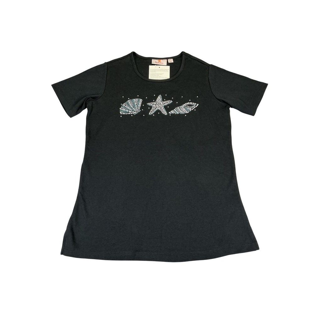 Quacker Factory Rhinestone Seashell Starfish Tee Black XXS Beach
